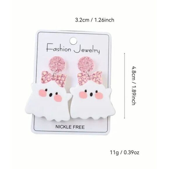NWT Acrylic Pink Sparkly Bow White Ghost Halloween Dangle Earrings - Picture 5 of 7